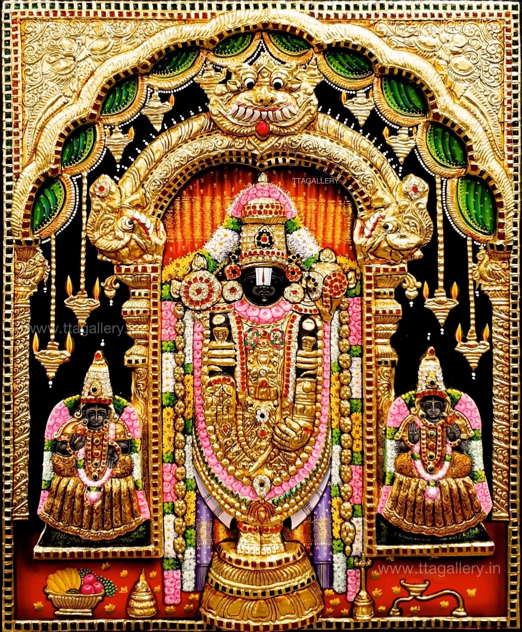 3D Balaji With Lakshmi & Padmavathi Tanjore Painting