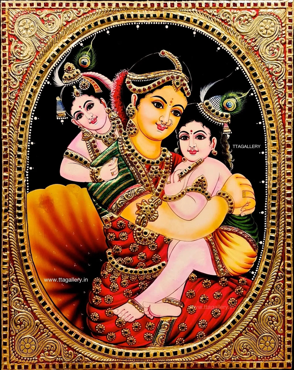 Yasodha with Two Kannan Tanjore Painting