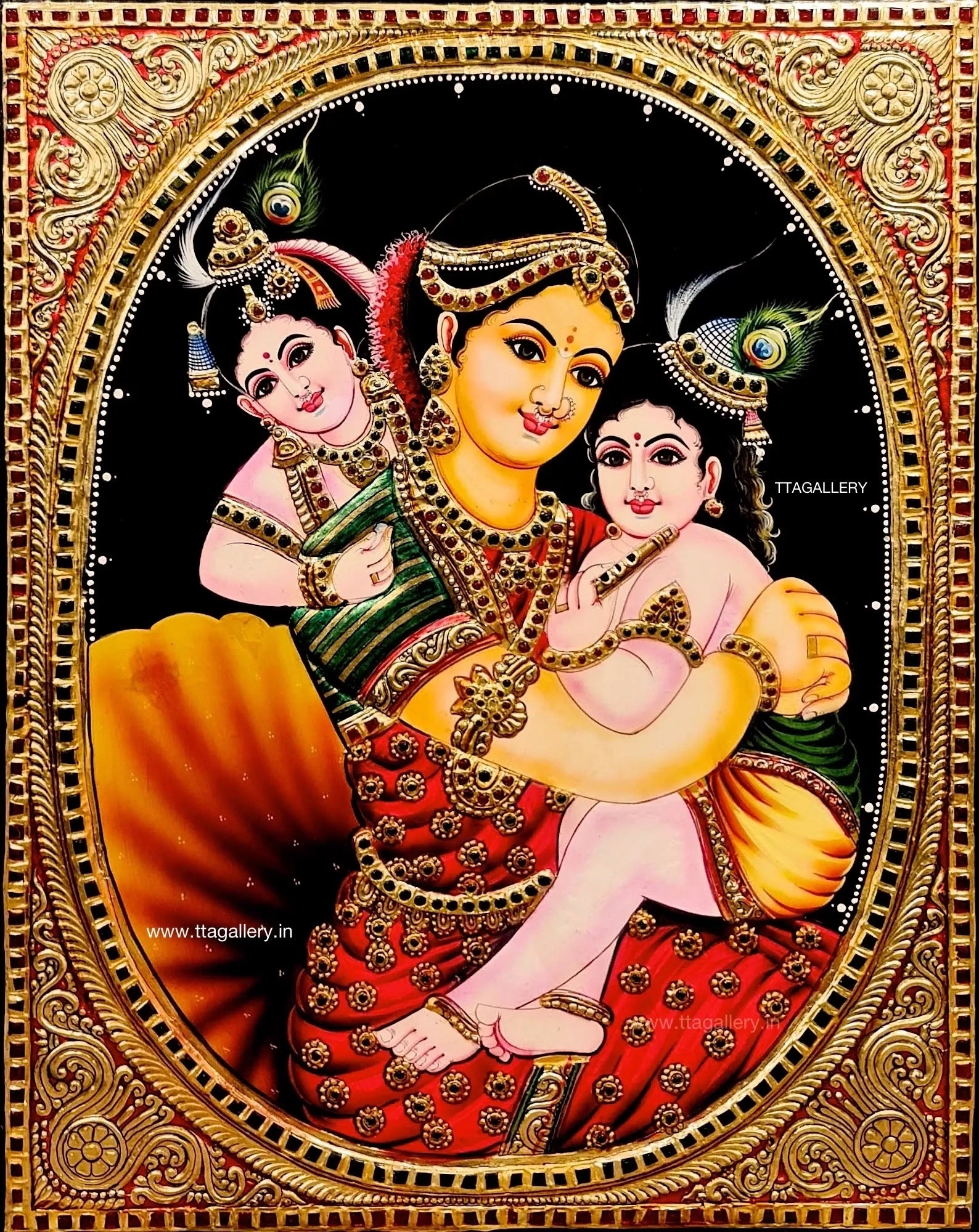 Yasodha with Two Kannan Tanjore Painting
