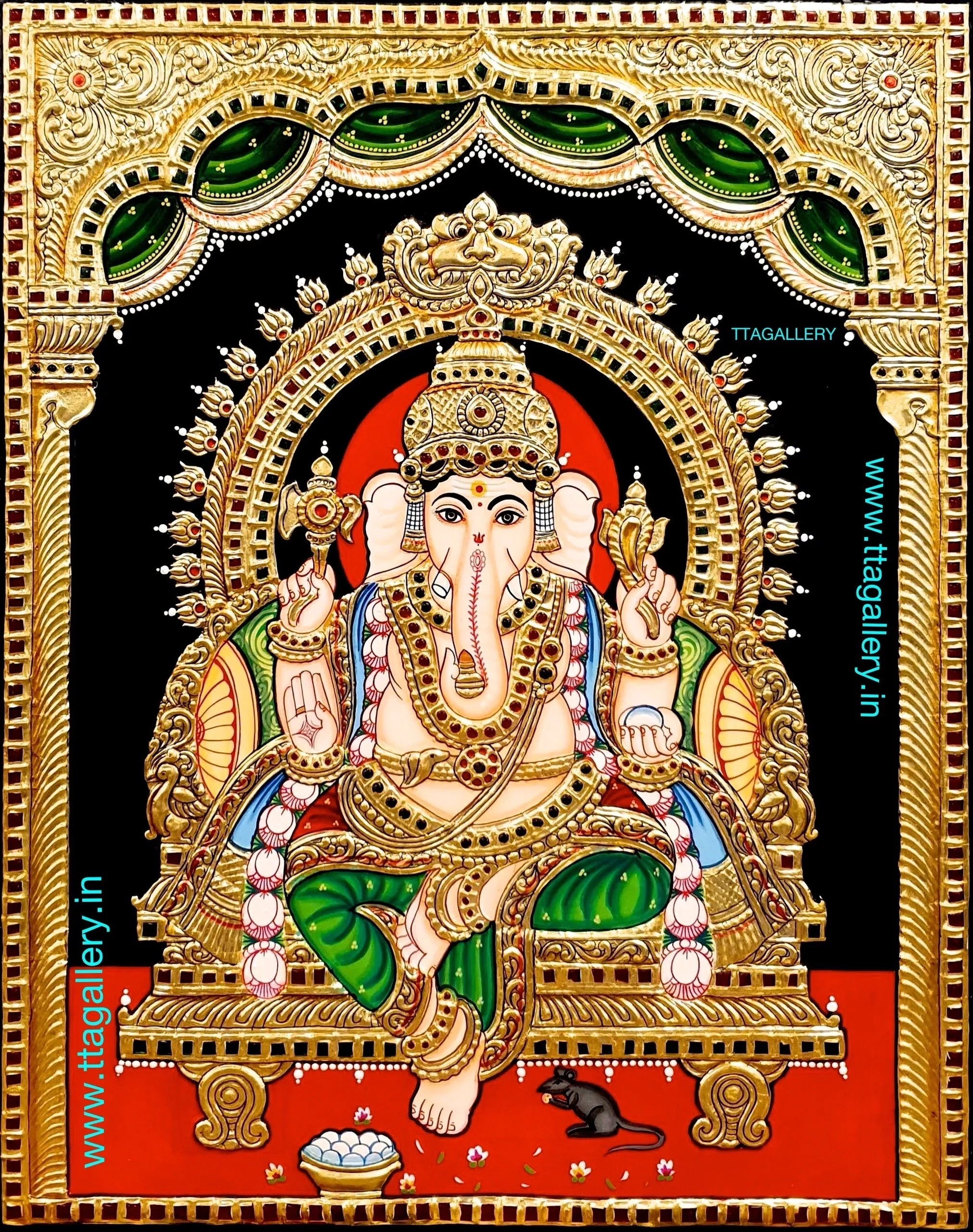 Ganesha Green 2 Tanjore Painting