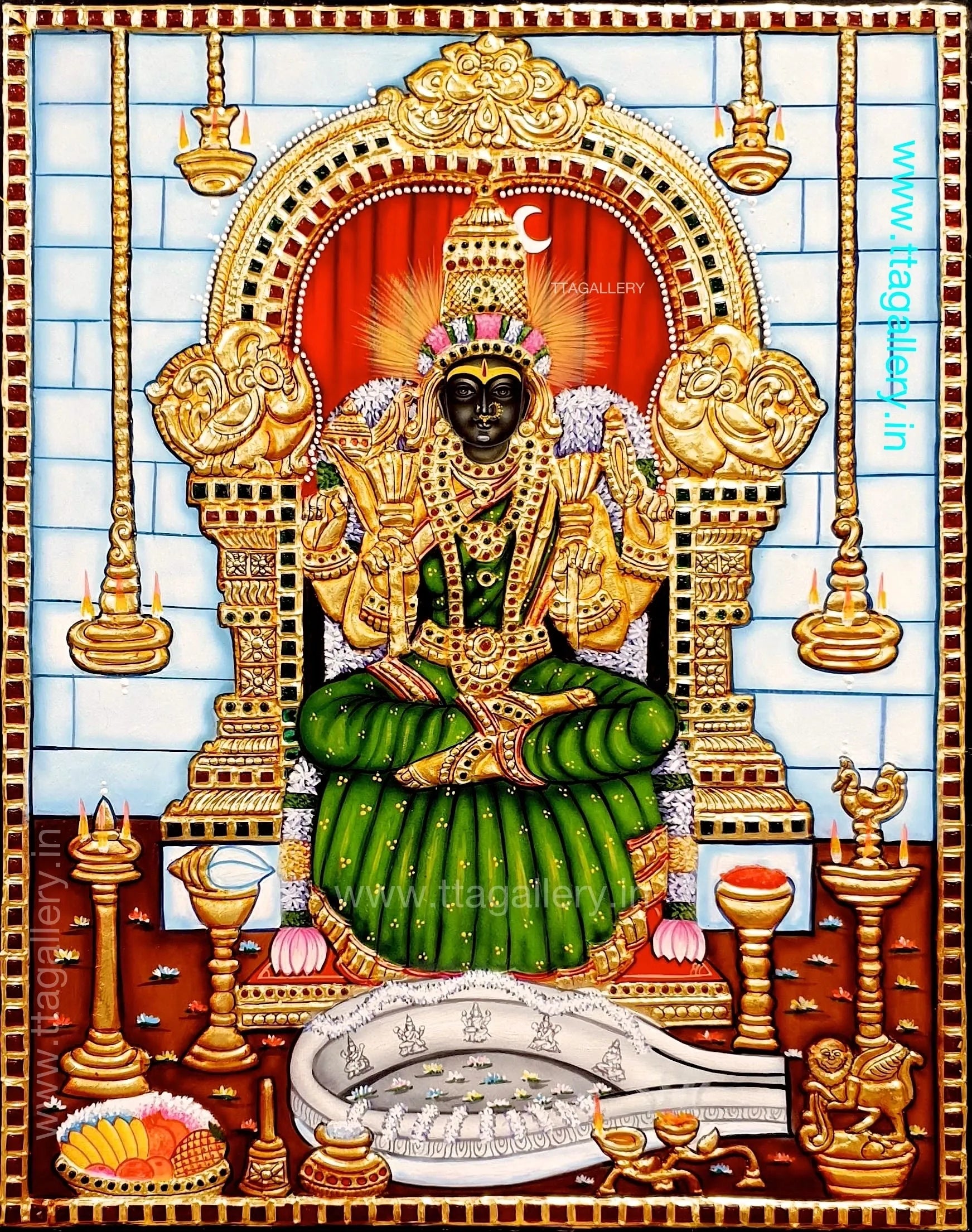 Kamatchi Amman Green Saree Tanjore Painting