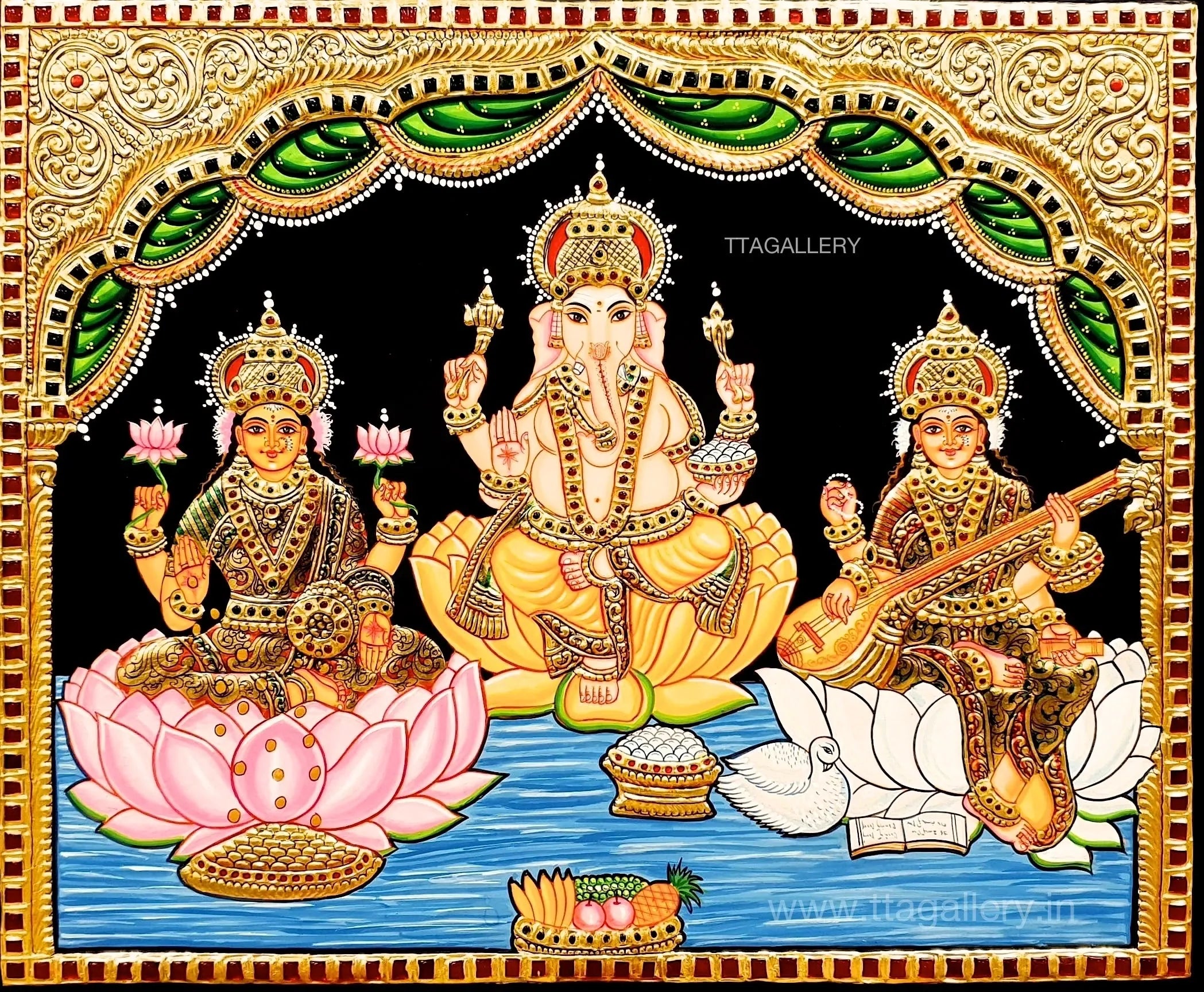 Pooja Ganesha Lakshmi Saraswathi Tanjore Painting