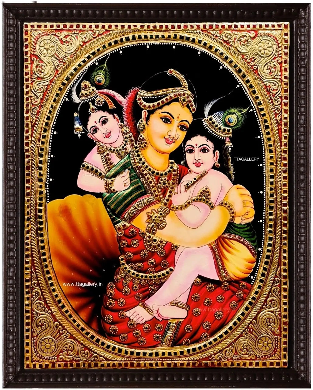 Yasodha with Two Kannan Tanjore Painting